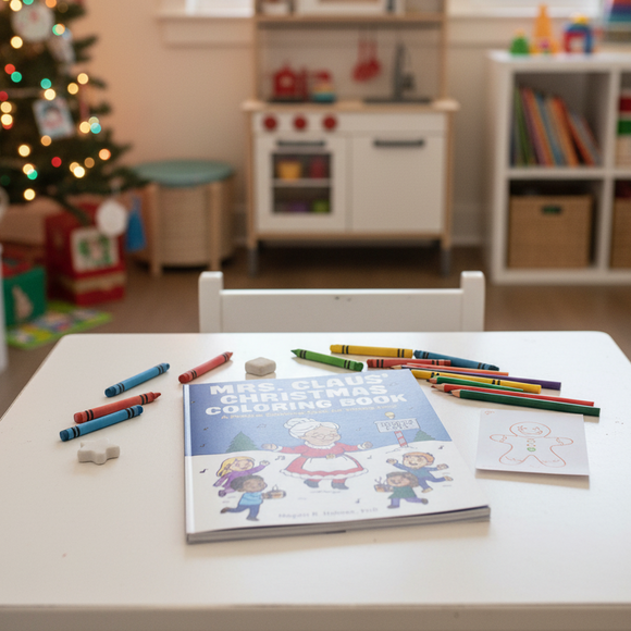 Mrs. Claus coloring book on a table in a children's room.