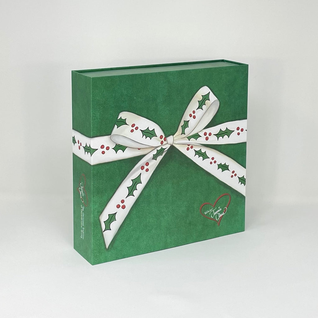 Jammie Claus Box and Book Set view of front cover that has a white bow on green