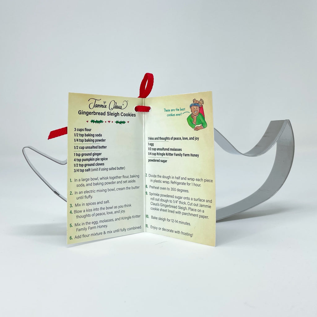 Jammie Claus Gingerbread Sleigh Cookie Cutter with Recipe on Tag
